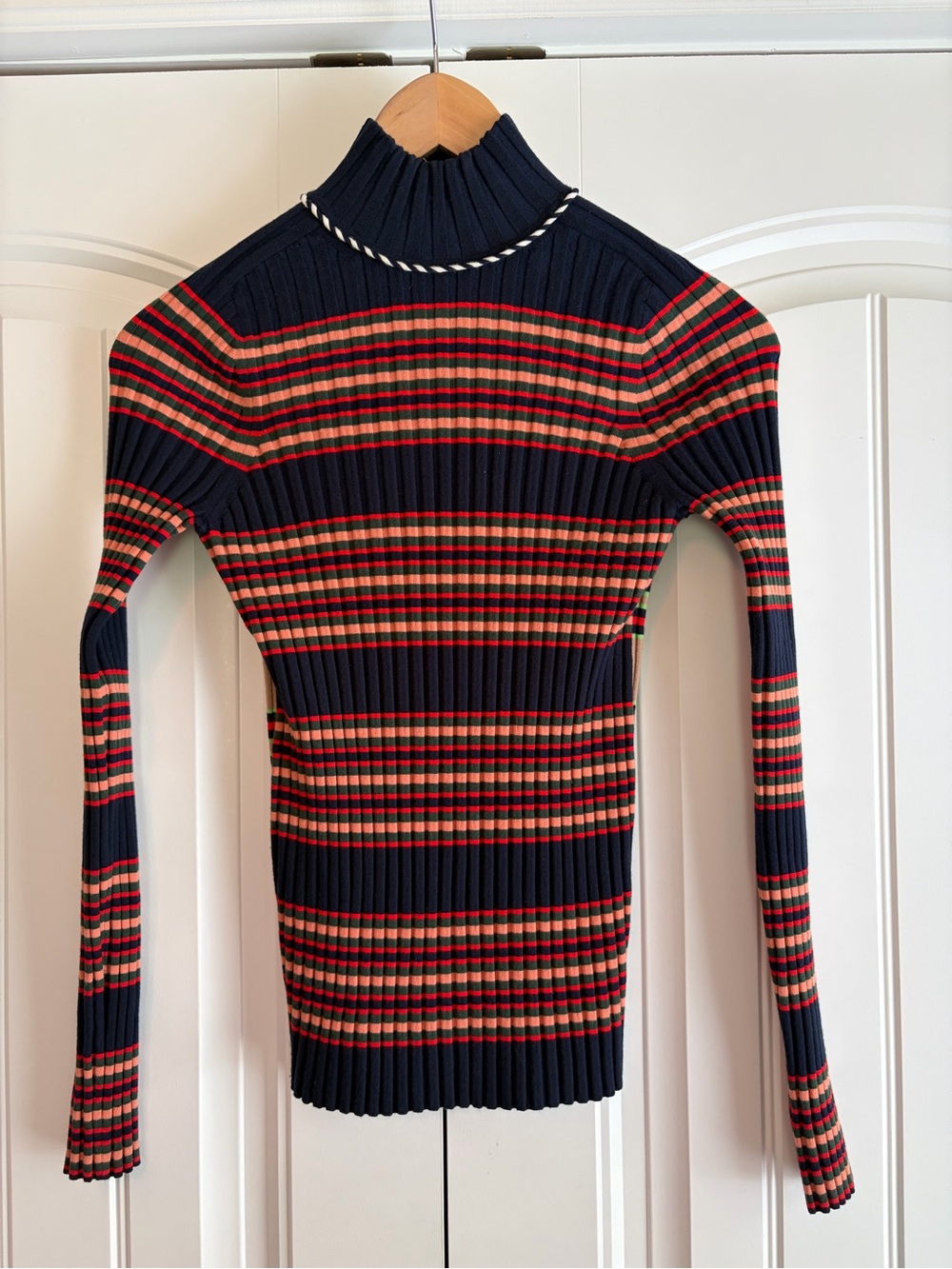 Tory Burch Turtleneck Sweater Wool Blend Navy Red Tan Stripe Women's Size XS